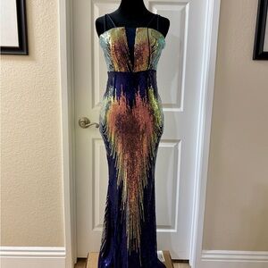Navy and Iridescent Sequin Strap Prom Gown